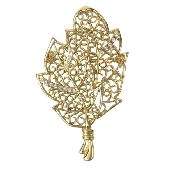 Unbranded Jewelry - Leaf Brooch 2.7 inch Pin Jewelry Goldtone Rhinestones Filigree Leaves Statement